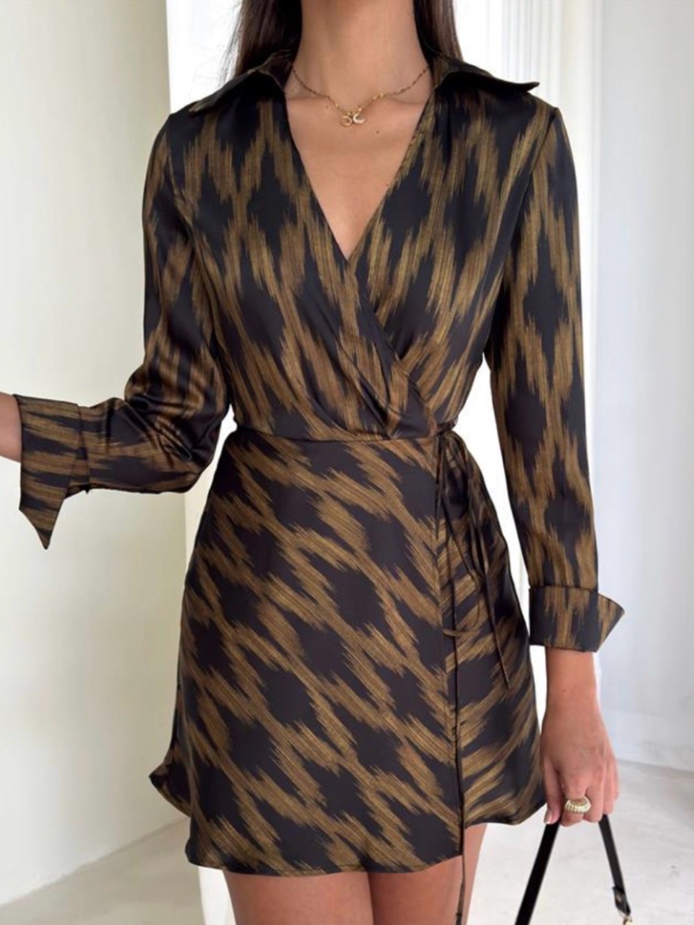 Mango Satin Wrap Dress in Black and Gold